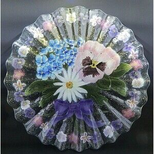 Fused Glass Floral Bouquet Plate Dish Pansy Daisy Ruffled Edge 10.5 In Signed